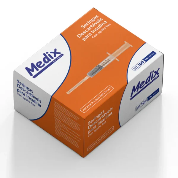 Seringa de Insulina 1ml 100UI com Agulha Fixa 8 x 0,30 - Caixa com 100 un. - Medix