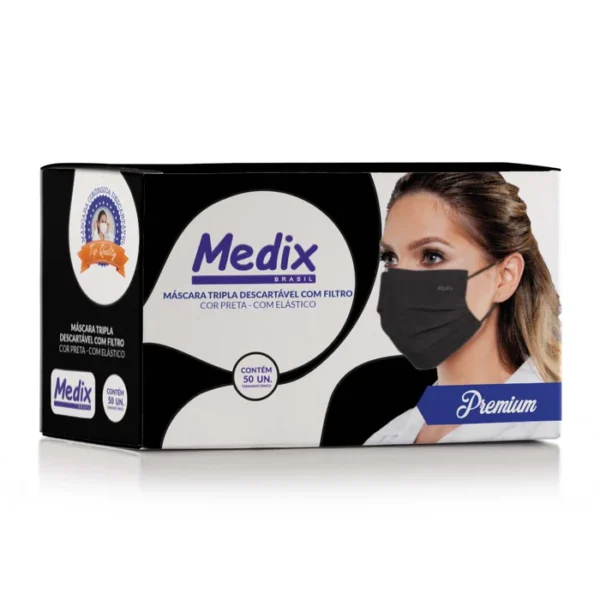 Máscara Tripla Descartável Com Filtro (BFE) Preta - Caixa 50 un - Medix