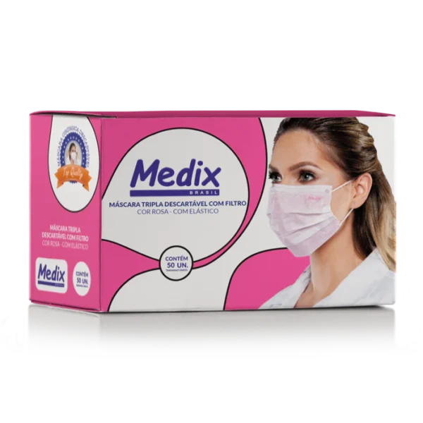 Máscara Tripla Descartável Com Filtro (BFE) Caixa 50 un Rosa - Medix