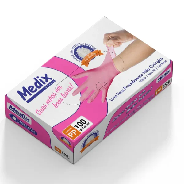 Luva Nitrílica Rosa - Caixa com 100 un - Medix