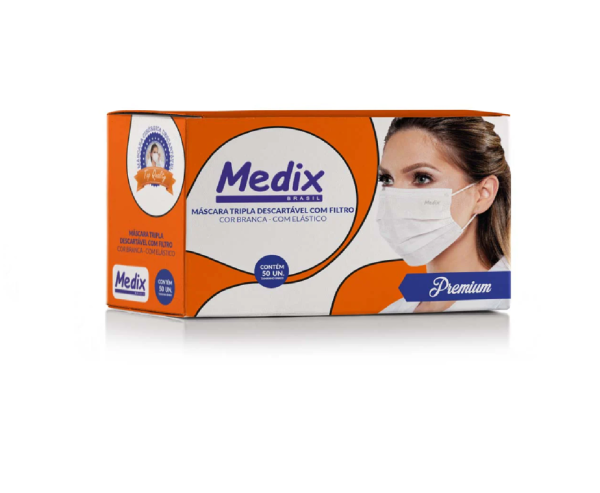 Máscara Tripla Descartável Com Filtro (BFE) Branca - Caixa 50 un - Medix