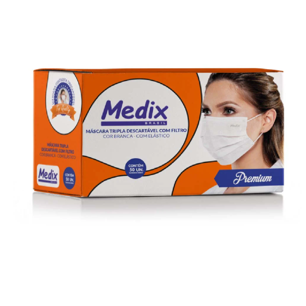 Máscara Tripla Descartável Com Filtro (BFE) Branca - Caixa 50 un - Medix