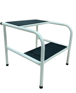1549 ESCADA 2 DEGRAUS PINTURA EPOXI Construida em tubo 34, degraus em chapa de aço com piso de borracha antiderrapante, ponteiras em PVC Medidas0,37x0,34x0,39 LxAxC SUPORTA ATÉ 150Kg